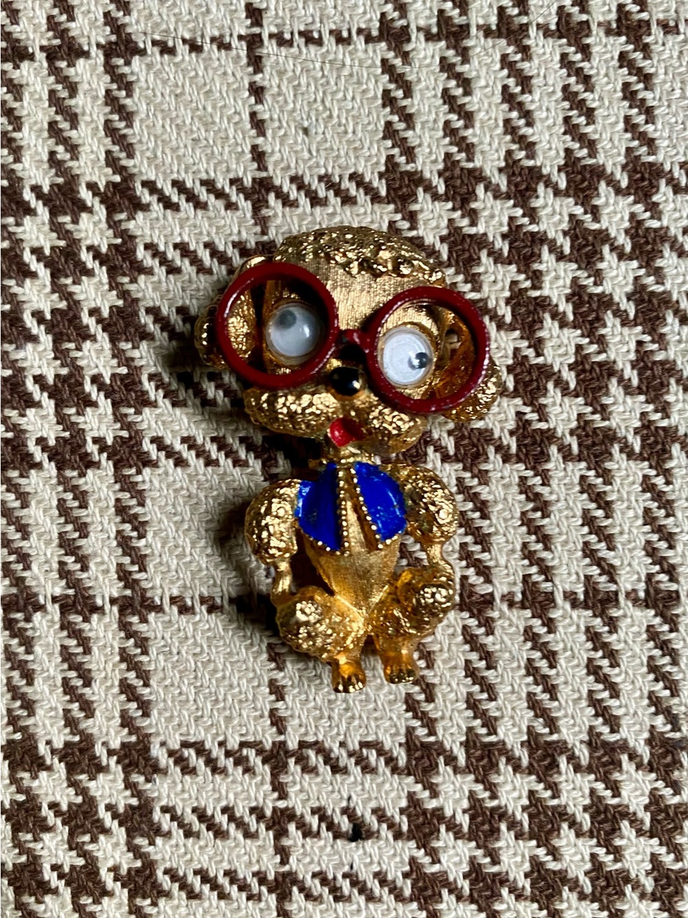 Gold Novelty Kids Brooch Pin with Red Glasses and Blue Jacket